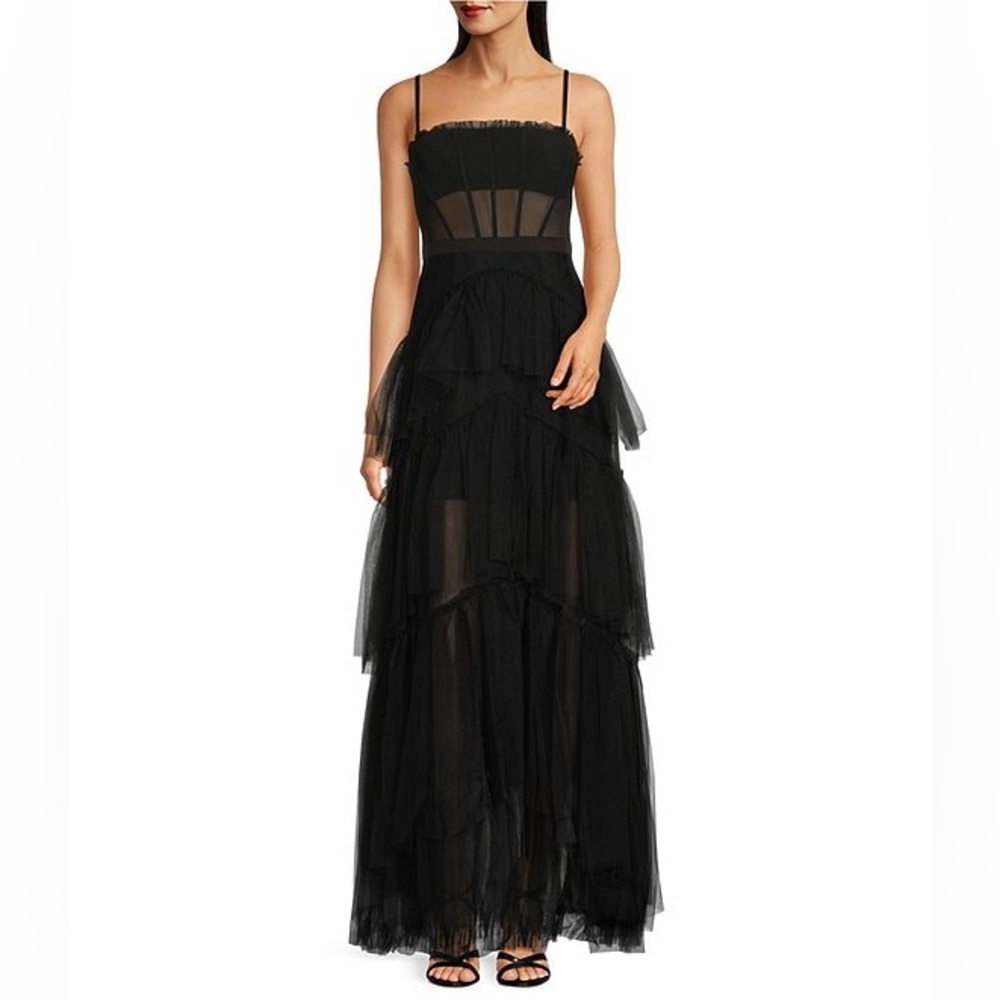 Betsy and Adam Black Maxi Tulle Tiered Dress